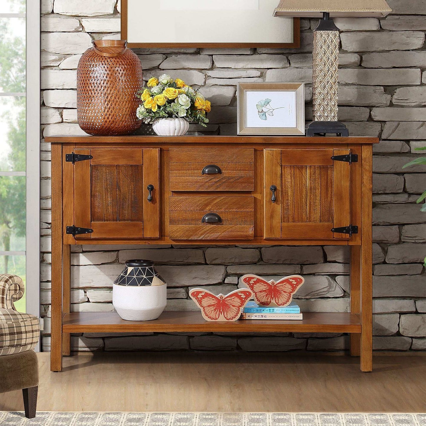 Lysarion Solid Wood Farmhouse Console | Brown - Default - brown cabinet wood