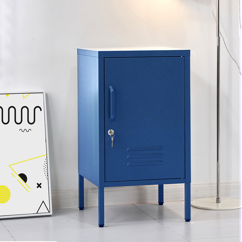 Blue metal cabinet against a white wall with a framed picture on the left.