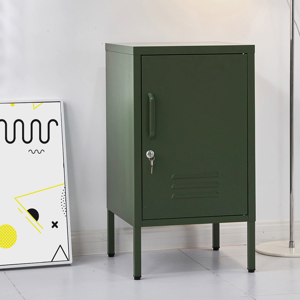 Green metal locker against a white wall with a decorative poster on the left.