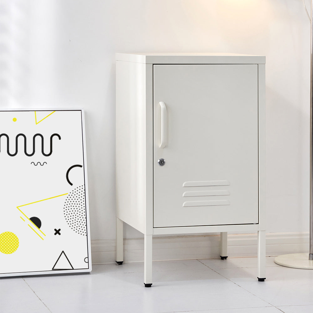 White metal cabinet with a geometric poster on a white wall