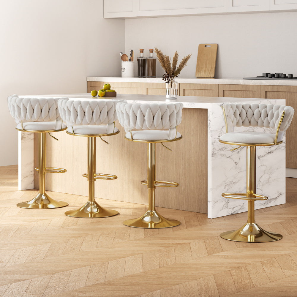Elegant NORDIQE Vivien Bar Stool set of 4 in ivory with a plush quilted design and sleek gold accents — perfect for modern kitchens