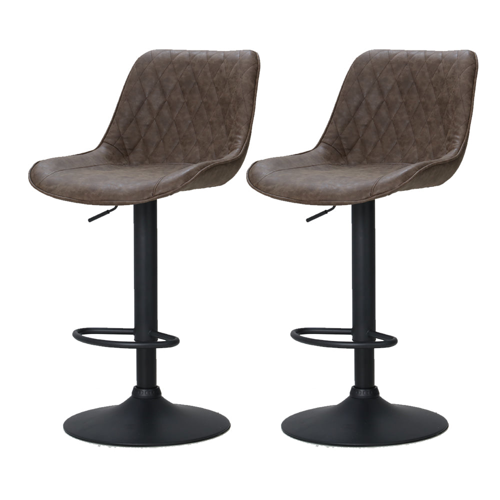 Two gray quilted bar stools with black metal bases on a white background