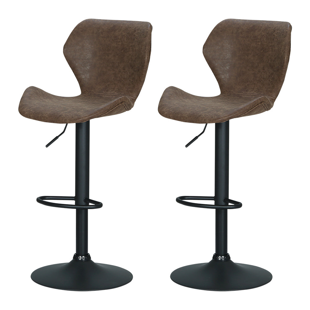 Two brown bar stools with black bases on a white background