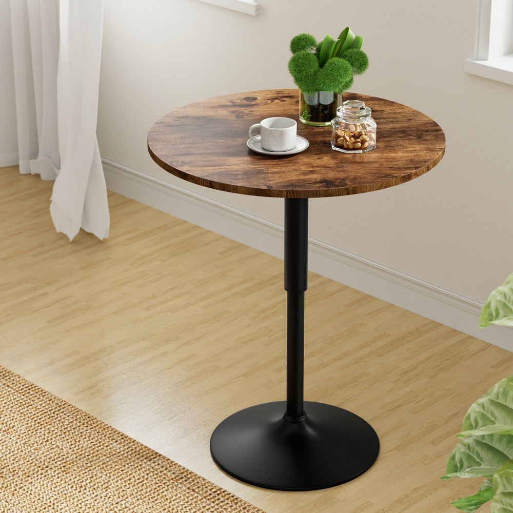 Focafe Adjustable Bar Table by NORDIQE featuring a round brown wood top and a sleek black metal base — perfect for modern spaces.