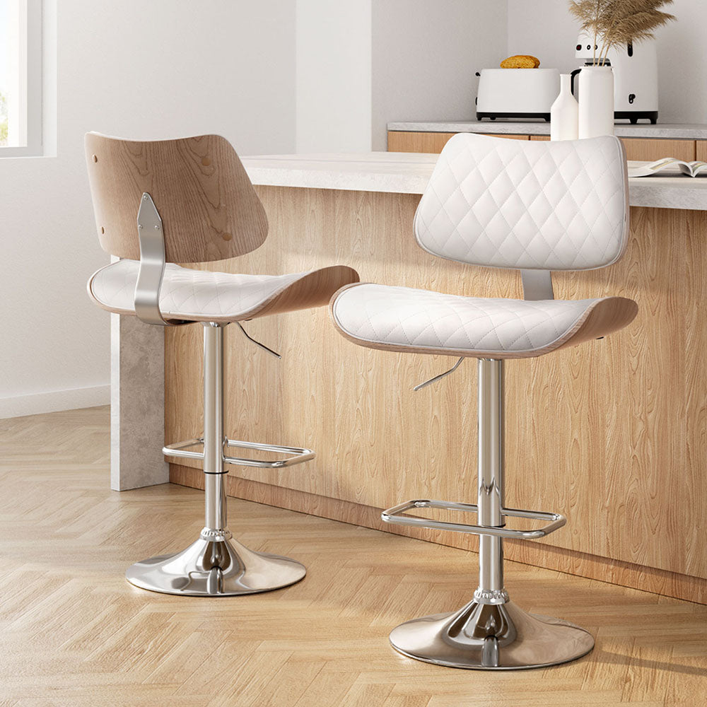 Quilla Modern Bar Stool in white with a quilted seat and natural wood backrest — ideal for contemporary kitchen spaces.