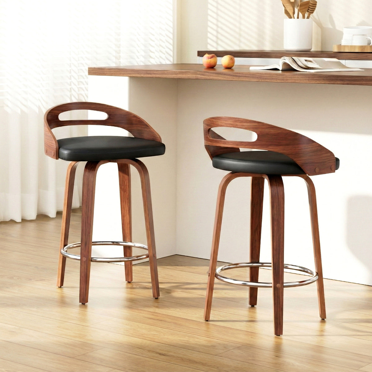Stylish NORDIQE Ranadi Bar Stools in black and brown with a sleek wooden frame and comfortable cushioned seats, perfect for modern spaces.