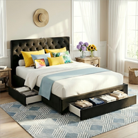 Modern bedroom with a bed featuring storage drawers, colorful pillows, and a decorative rug.