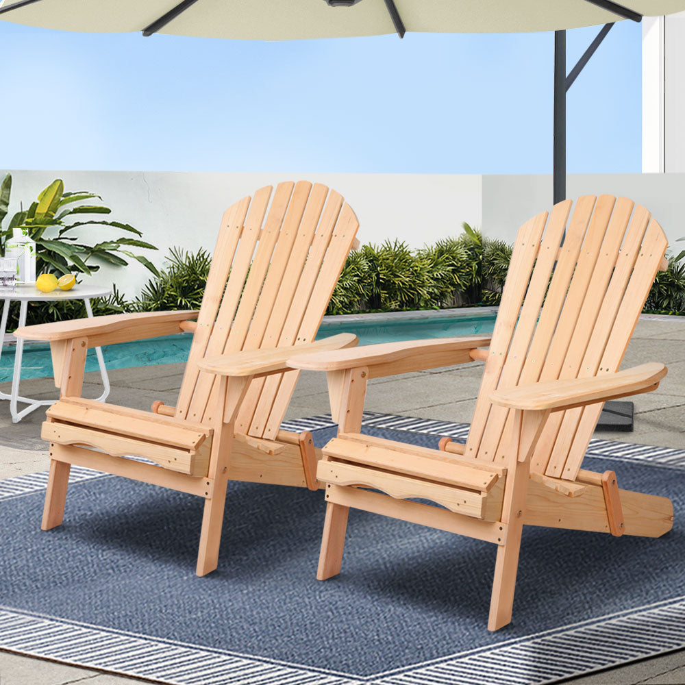 Wooden Adirondack chairs in natural finish from NORDIQE, designed for outdoor use in patio or garden.