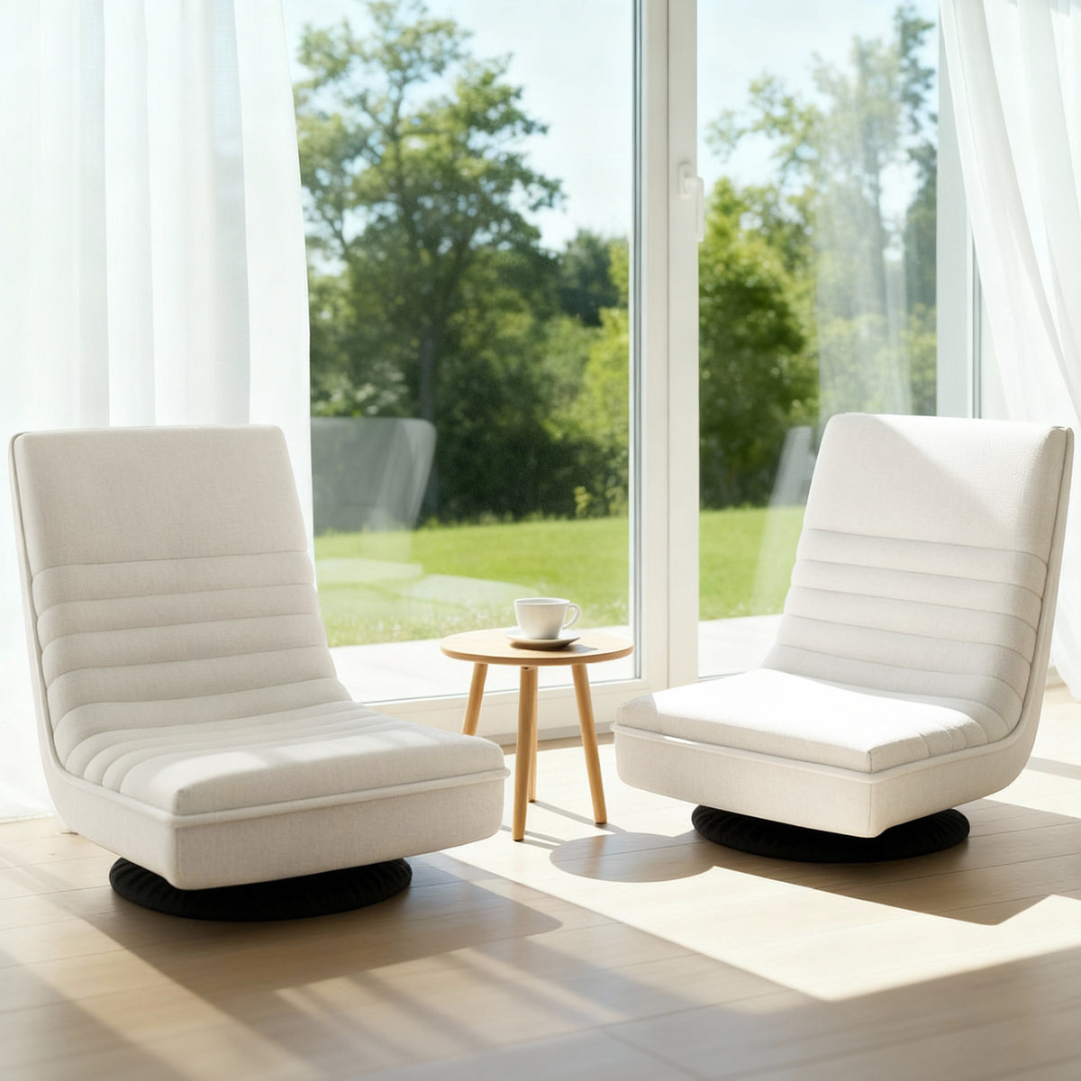 Comfortable NORDIQE Lorekin Lounge Chair set in linen white with plush cushioning, elegantly positioned near natural light.