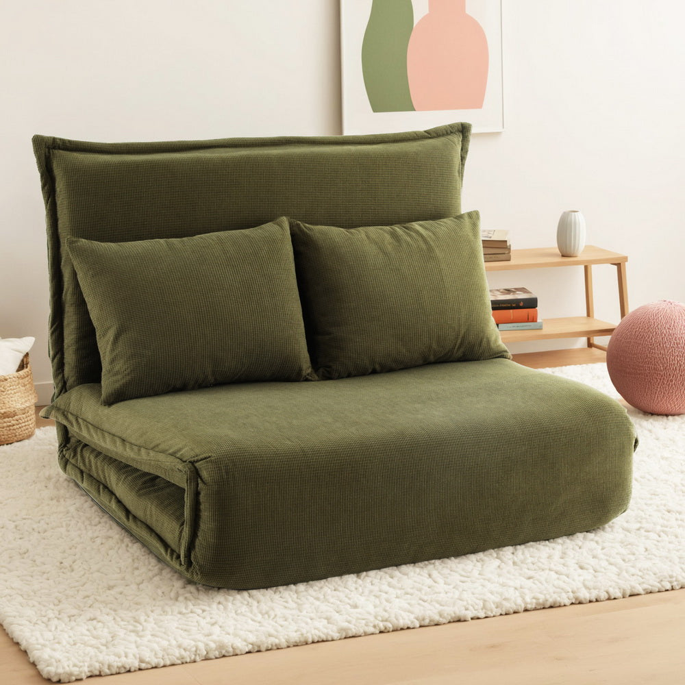 Comfortable NORDIQE Gorvo Floor Lounge Sofa in green fabric — 2-seater design with plush cushions for relaxation.