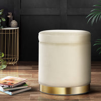 Round velvet storage footstool in cream by NORDIQE, tufted seat with lid and floor protection pads