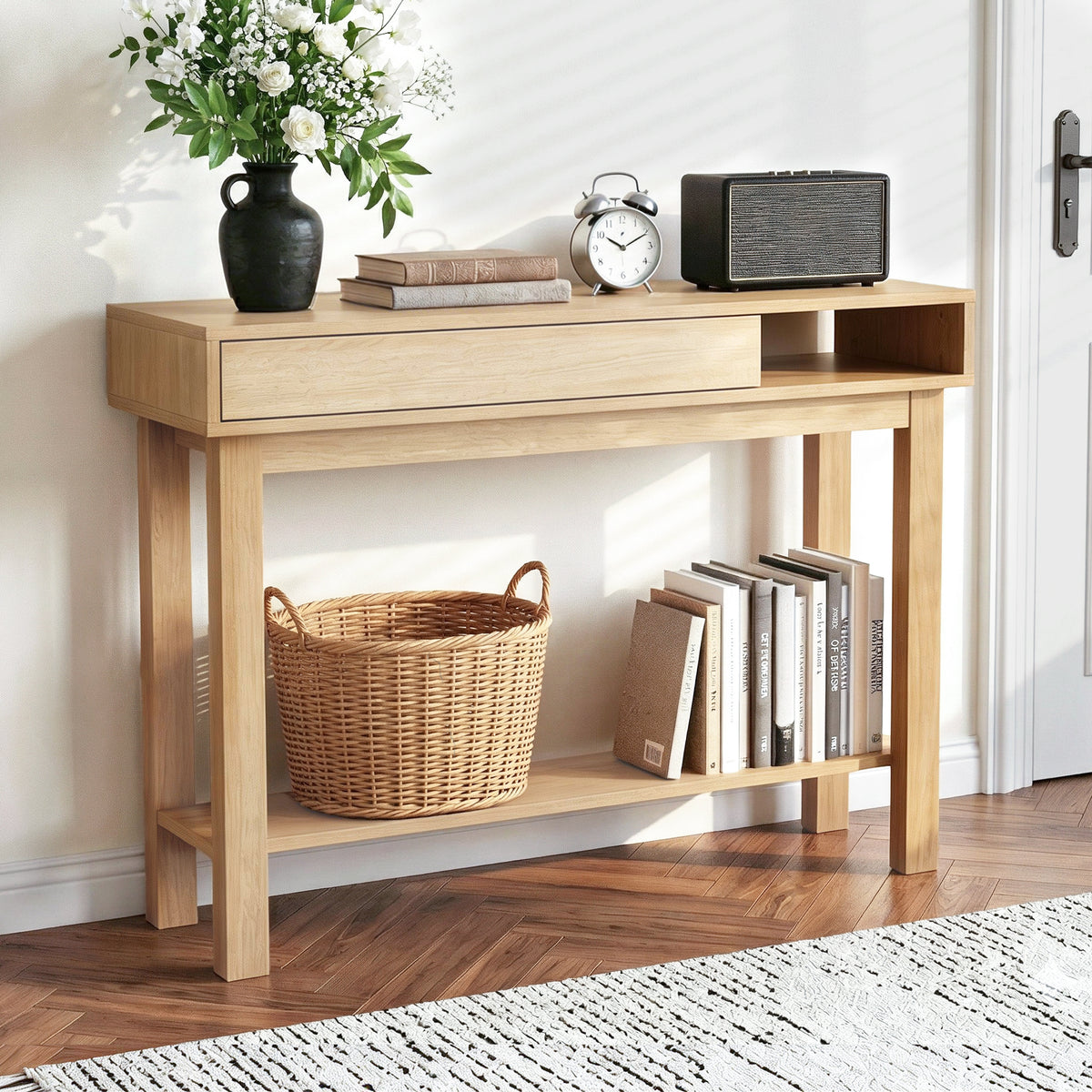 Wooden console table with decorative items in a room setting