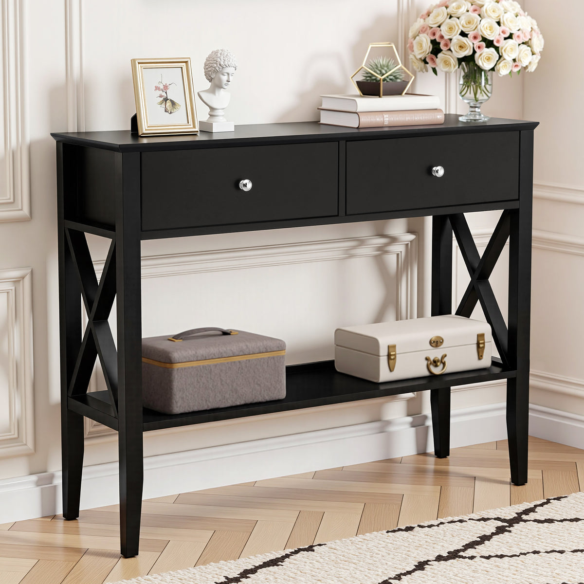 Black console table with two drawers and a shelf in a room setting.