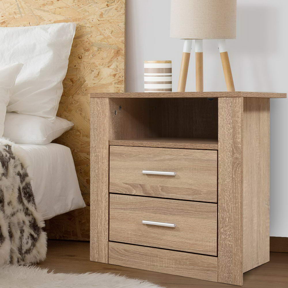 Oak bedside table with two drawers and shelf by NORDIQE