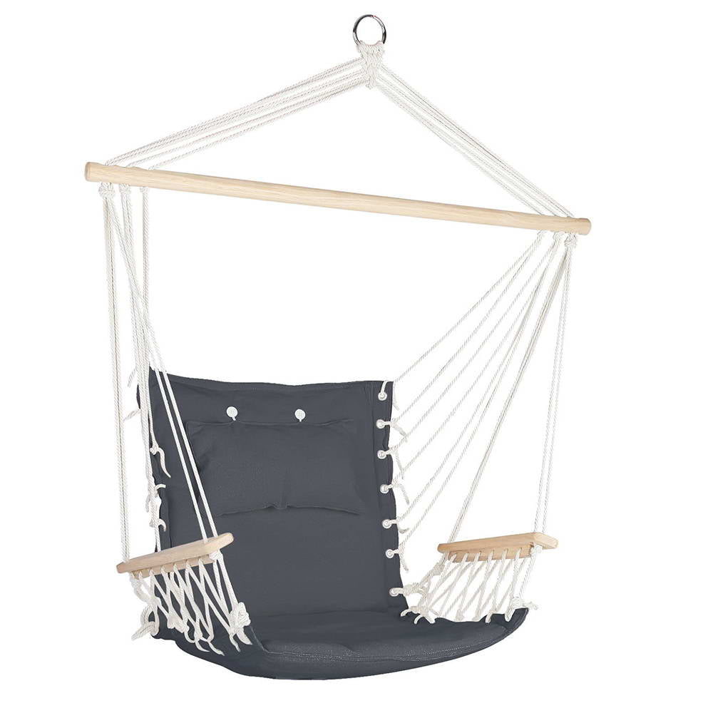 Anchu Hanging Hammock Chair | Grey hanging chair made from polyester cotton with solid timber rail for comfort.