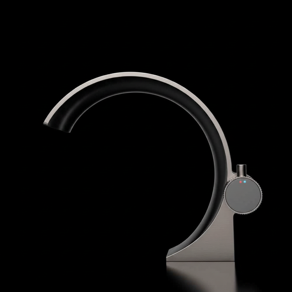 A modern curved faucet with a matte black interior and a brushed silver exterior, featuring a circular control knob on the side, set against a solid black background.