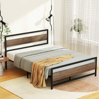 Bed with wooden and metal frame in a bedroom setting