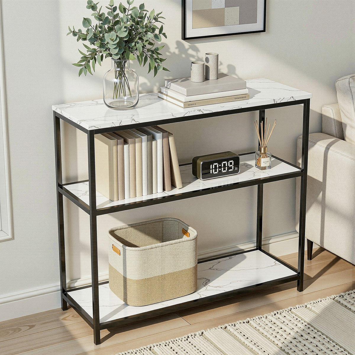 Console table with marble top and metal frame in a living room setting.