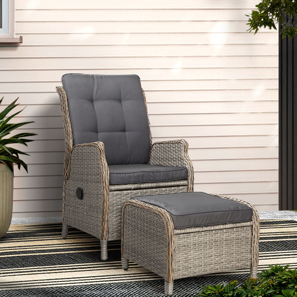 Flenrna Recliner Sun lounge Chair Set | Grey featuring a stylish wicker recliner and matching ottoman in outdoor setting.