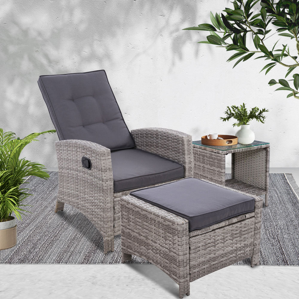 Noclen Outdoor Furniture Set | 3 Pieces | Grey featuring a wicker recliner and ottoman in a stylish outdoor setting.