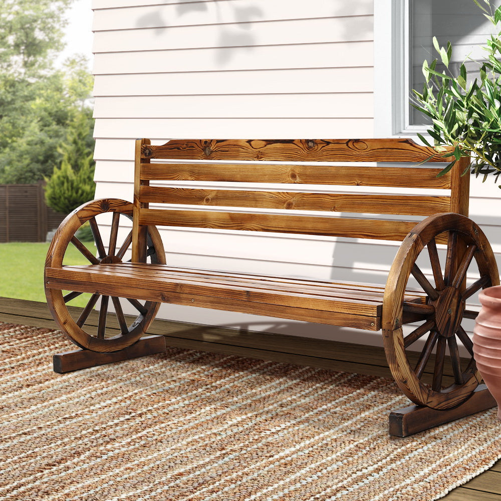 Wanpo Outdoor Garden Wagon Bench | Brown featuring rustic wagon-wheel design and comfortable seating for three.