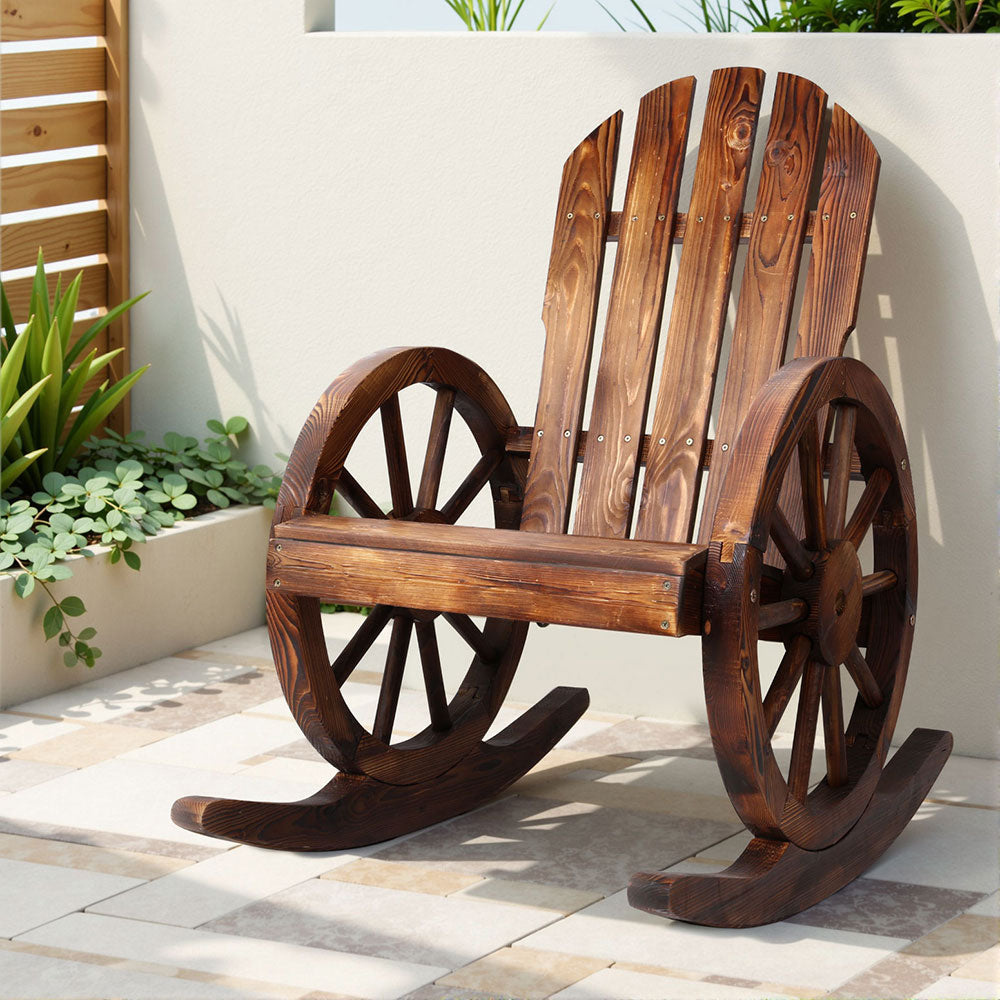 Wooden rocking chair in brown by NORDIQE with wagon wheel design