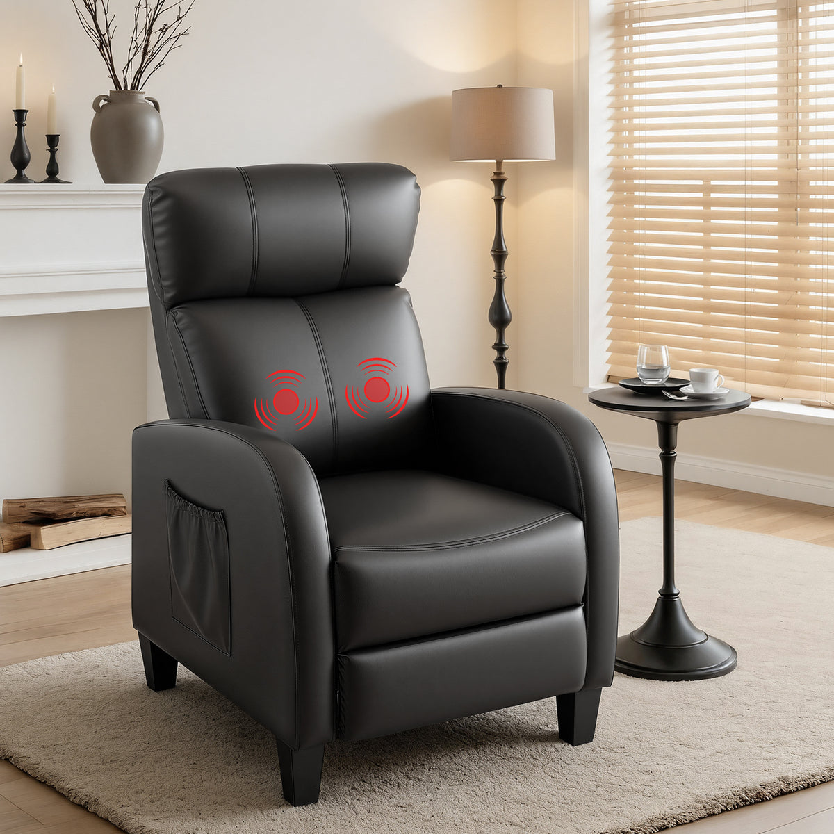 NORDIQE Luminu Massage Recliner Chair in black leather — features soothing massage settings with plush cushioning for comfort.
