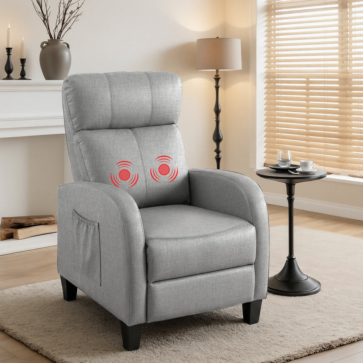 Comfortable NORDIQE Luminu massage recliner chair in grey fabric — featuring soothing massage functions and a modern design.