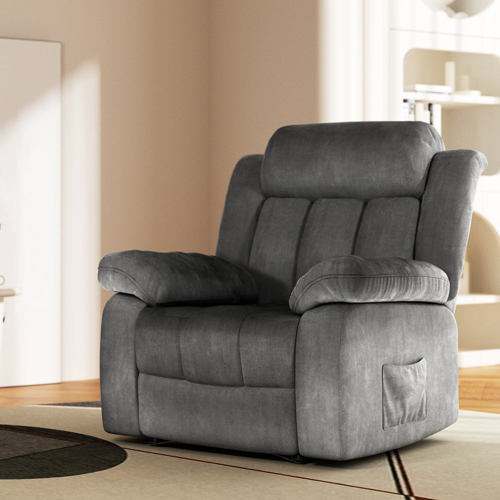Comfortable NORDIQE Natule recliner chair in soft velvet grey — featuring plush cushions and a stylish modern design.