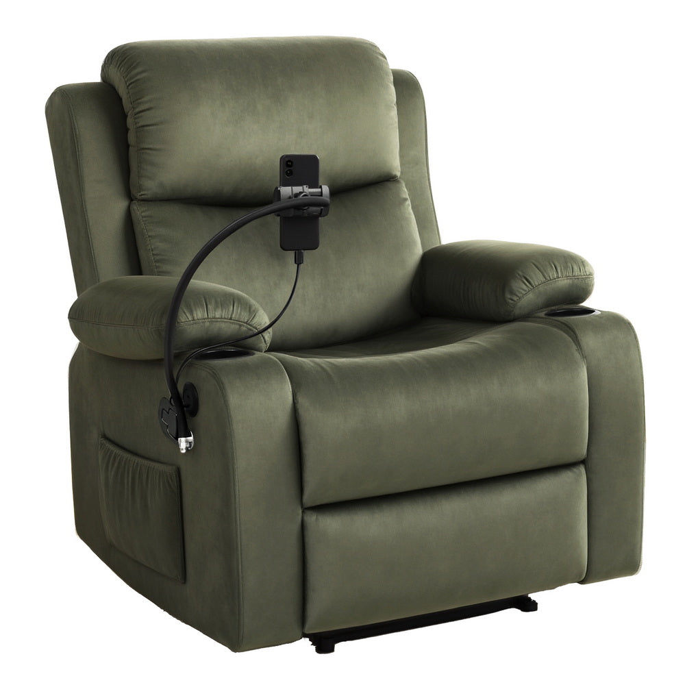 Luxurious Morva recliner massage chair by NORDIQE in soft green velvet — features a sleek design with integrated phone holder.