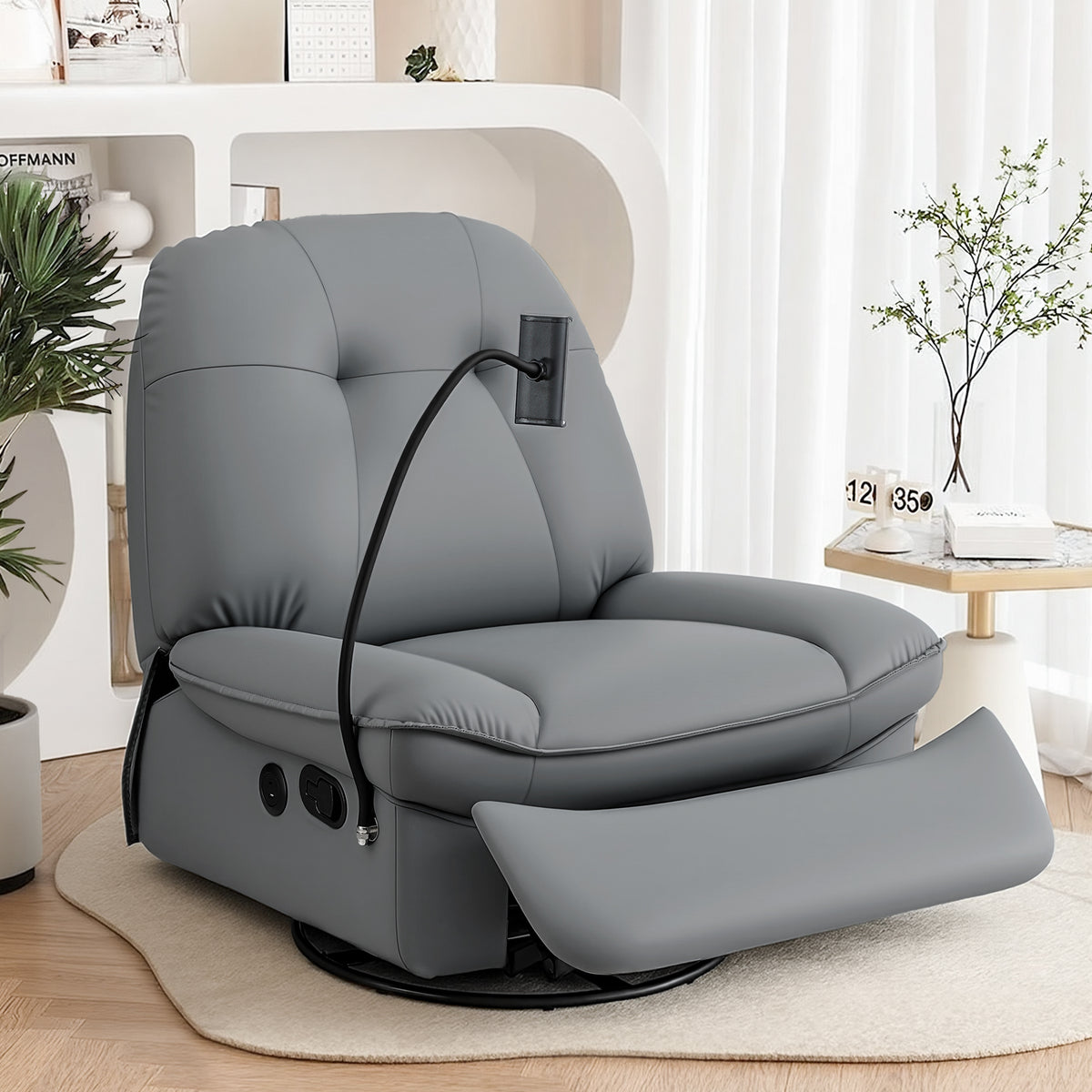 Comfortable NORDIQE Dagora swivel recliner chair in grey with plush upholstery and a smooth reclining mechanism for relaxation.