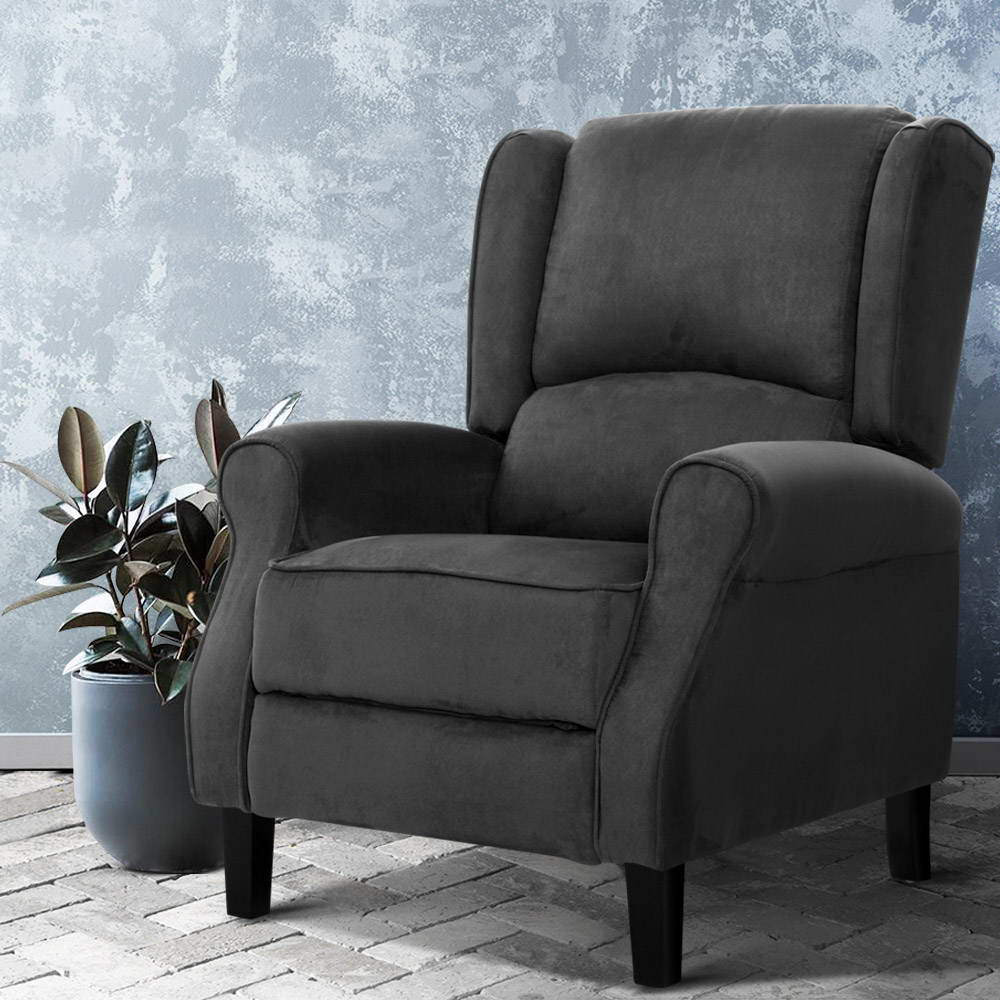 Charcoal suede recliner chair by NORDIQE with adjustable backrest and soft upholstery