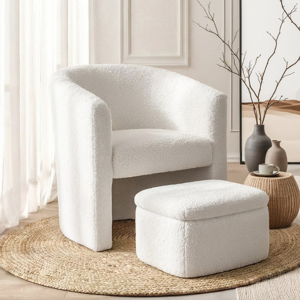Vanen Lounge Armchair | Ottoman | Boucle White, cozy modern boucle chair set with storage ottoman.