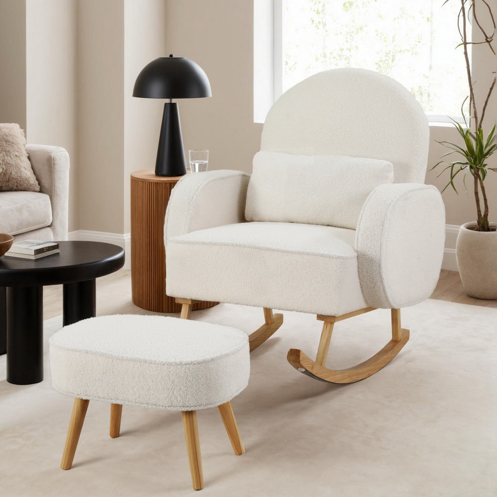 Boucle white rocking chair with ottoman and wooden legs by NORDIQE for lounge use