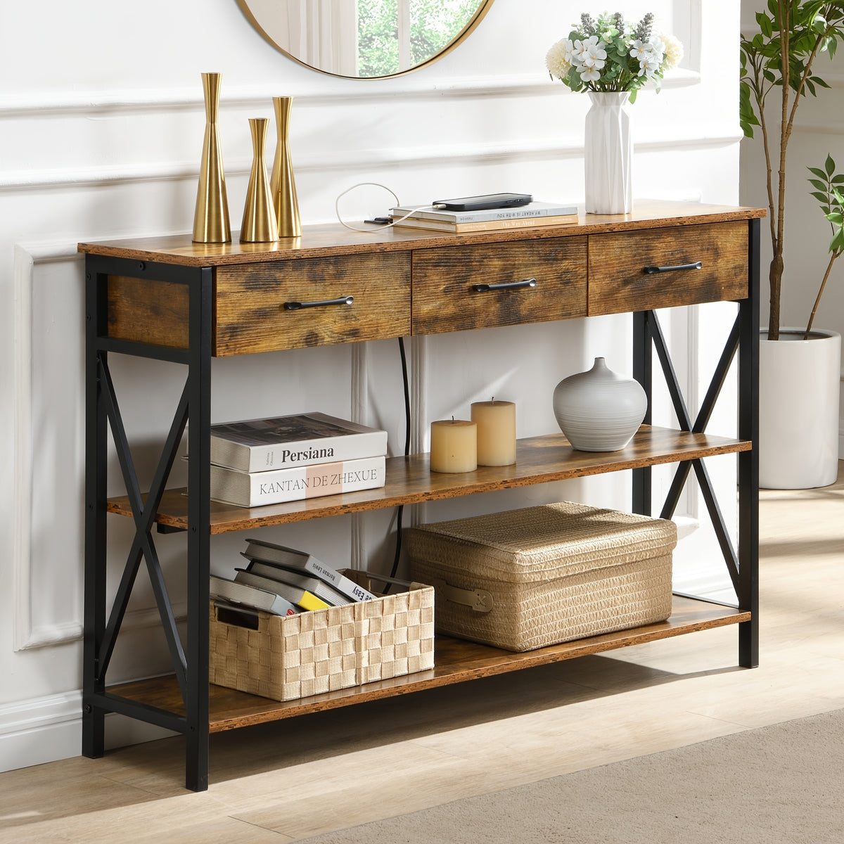 Wooden console table with metal legs in a room setting
