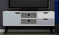 White and gray TV stand with a black screen TV above it against a dark wall.