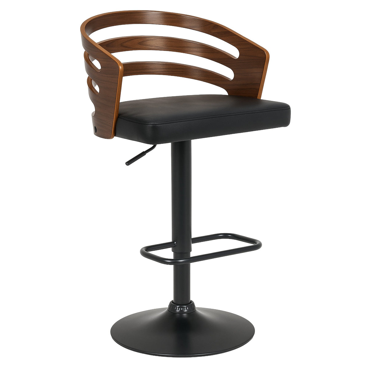 Stylish NORDIQE Lethos Premium Bar Stool in black and brown with a sleek curved wooden backrest and adjustable height.