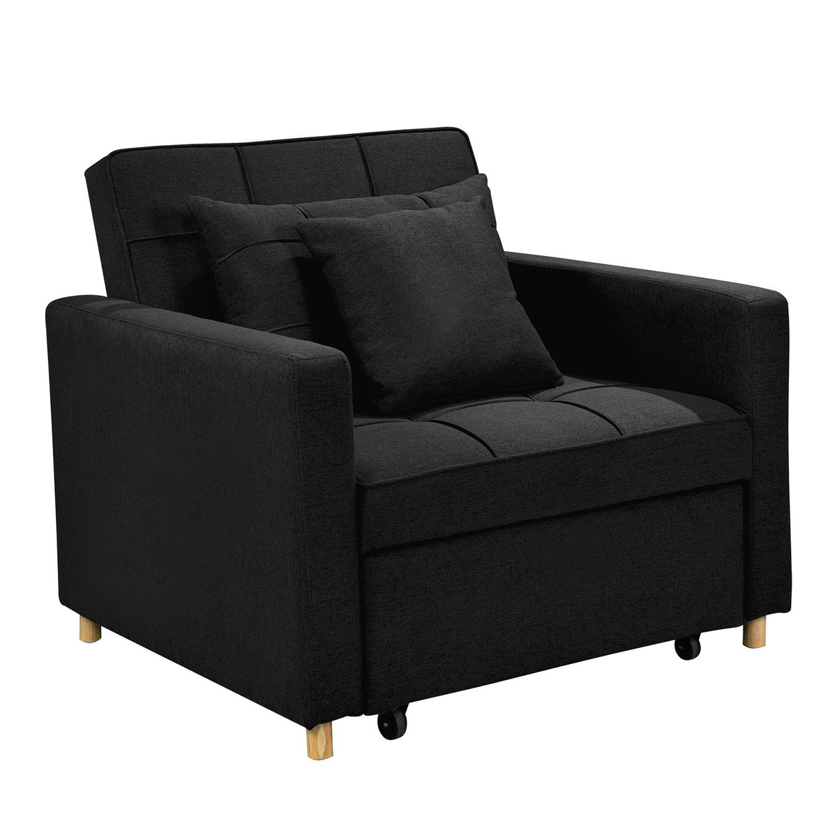 Black sofa with cushions on a white background