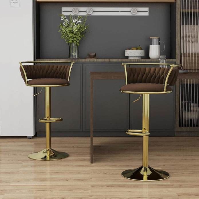 Stylish NORDIQE Mythoria golden counter stools with coffee-colored upholstery — featuring a sleek, modern design and quilted texture.
