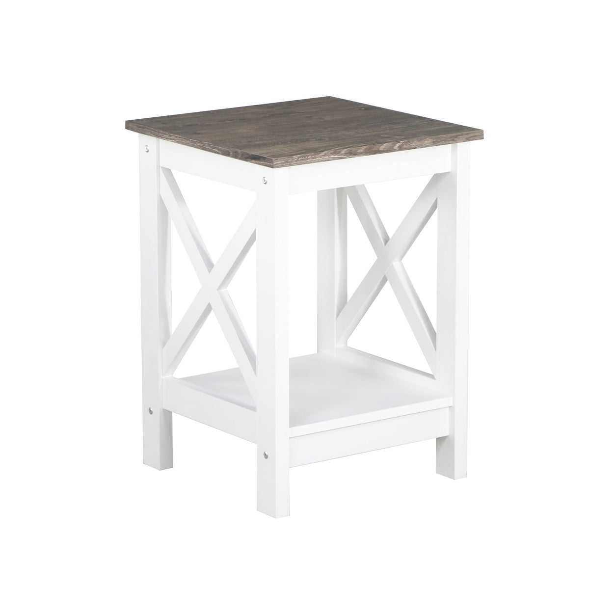 Small wooden table with a white base on a white background