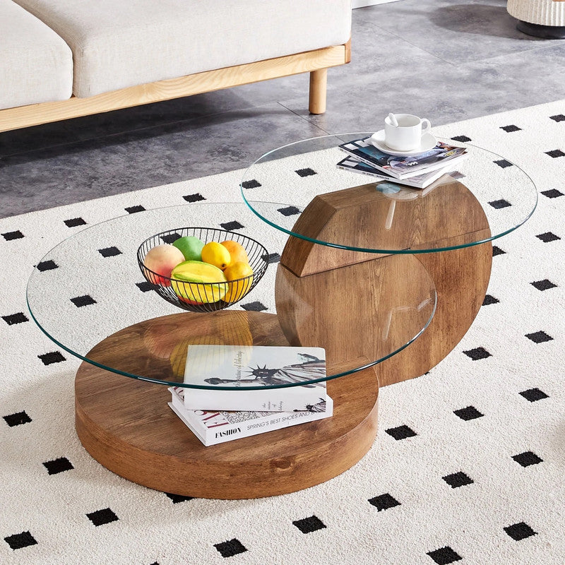 Wooden coffee table with glass top in a living room setting