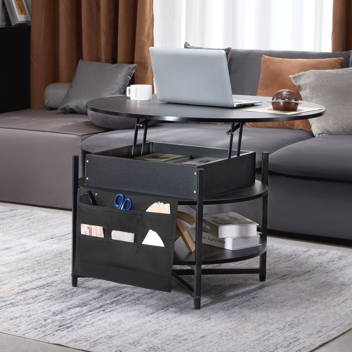 Coffee table with lift-top design in a living room setting