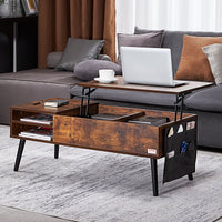 Wooden coffee table with lift-top design in a living room setting