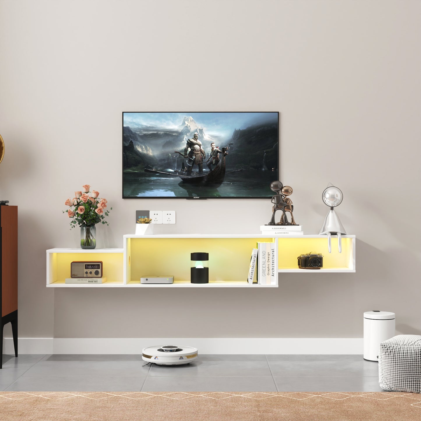 Velena Floating Wall Mounted TV Stand | Led Lights | White - Default - tv console