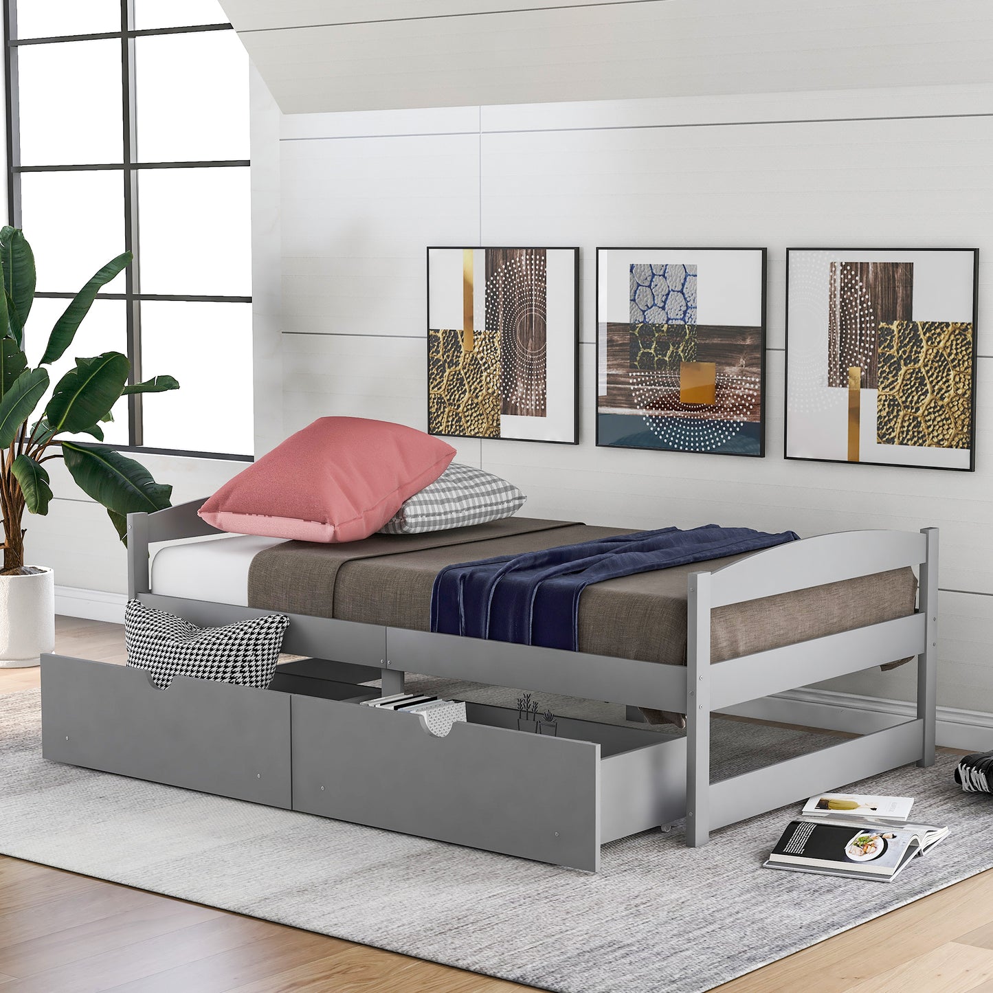 Tzuras Twin Size Platform Bed | Two Drawers | Gray - Default - beds