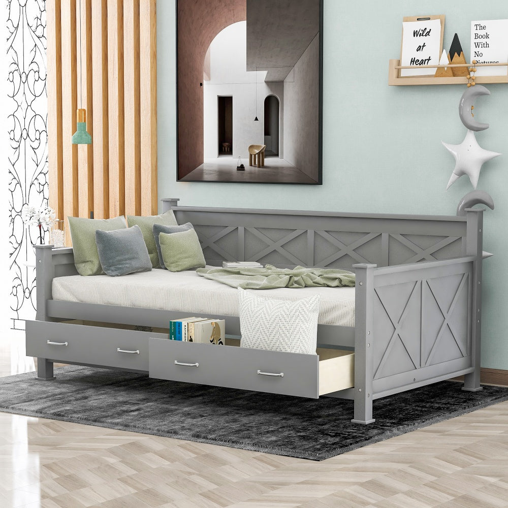 Steems Farmhouse Twin Size Daybed | 2 Large Drawers | Gray - Default - beds