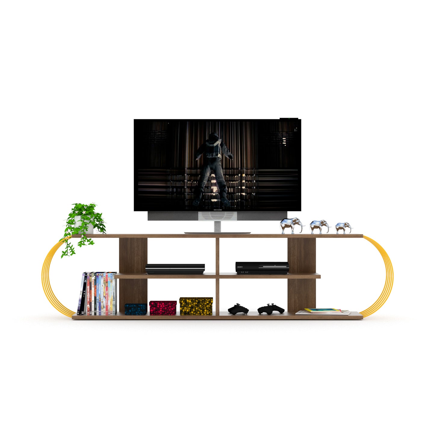 Spollis Modern Open Storage TV Stand | Walnut & Gold - Default - tv console