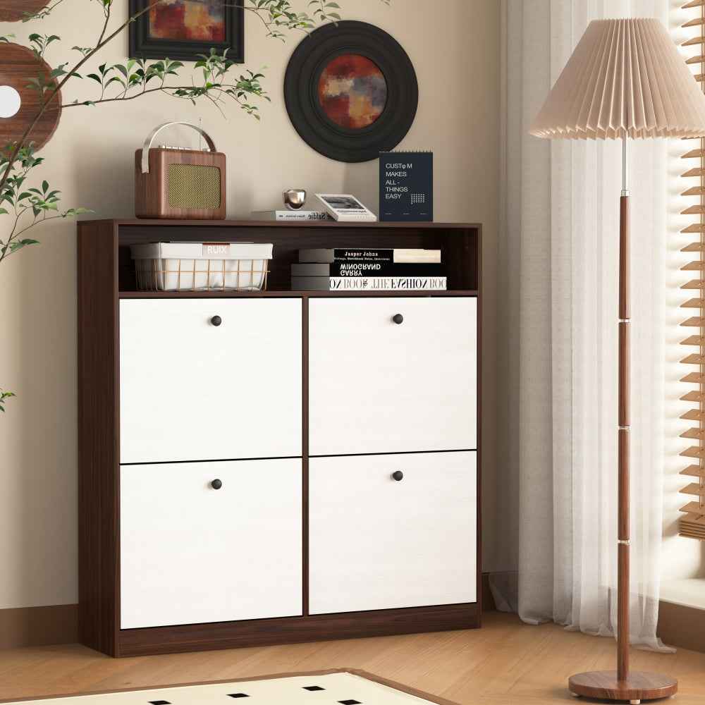 Daenlan Shoe Storage Cabinet | Walnut & White - - brown cabinet white wood