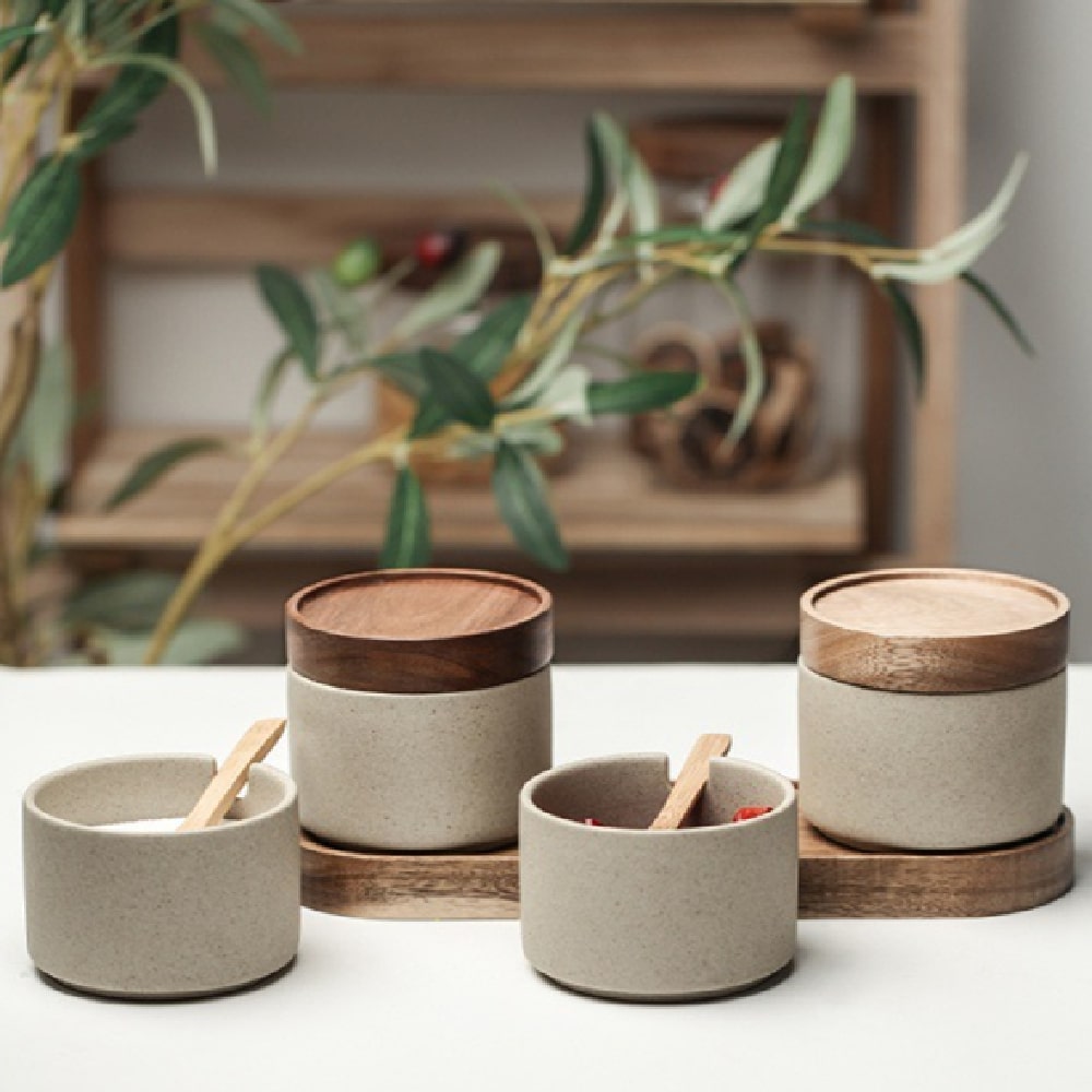 Vintage Seasoning Jar Ceramic Three-piece Set - - beige Jar Pot Storage