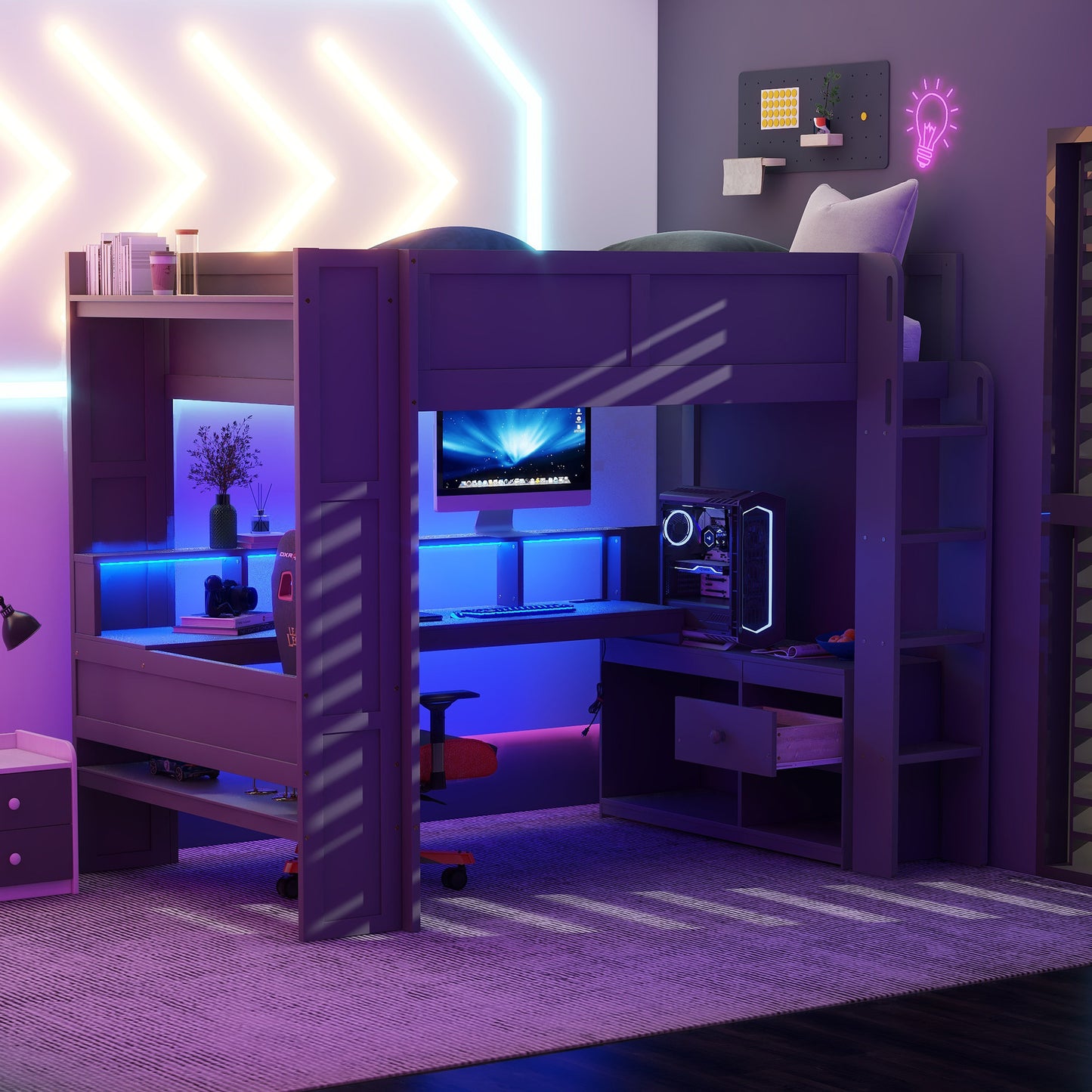Moreno Full Size Gaming Loft Bed | Desk - Multi-storage Shelves - LED | Dark Gray - Default - beds